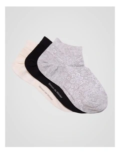 3 Pack Flowers Anklet Socks in Cloud Grey Marle, Black, and Almond Marle
