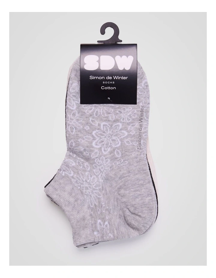 3 Pack Flowers Anklet Socks in Cloud Grey Marle, Black, and Almond Marle image 2
