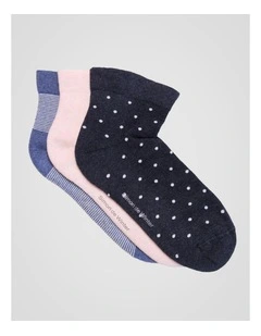 3 Pack Stripe and Spot Circulation Quarter Crew Socks in Dark Demin Marle, Pale Primrose Marle, and Demin Marle