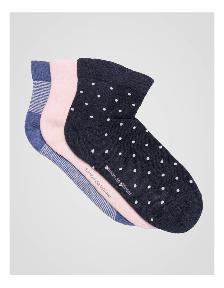 3 Pack Stripe and Spot Circulation Quarter Crew Socks in Dark Demin Marle, Pale Primrose Marle, and Demin Marle image 1