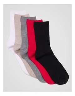 5 Pack 3/4 Crew Rib Socks in Black, Barberry, Light Grey Marle, Grey Sand Marle, and White