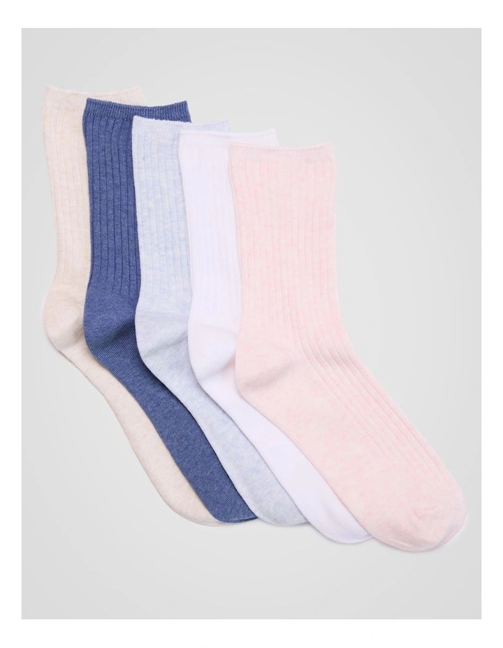 5 Pack 3/4 Crew Rib Socks in Pale Primrose Marle, White, Ice Blue Marle, Denim Marle, and Almond Marle image 1