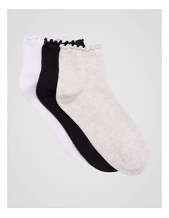 3 Pack Lettuce Edge Rib Quarter Crew Socks in Ice Grey Marle, Black, and White