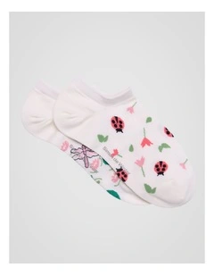 2 Pack Bamboo Patterned Low Cut Socks in Ivory Insect Print