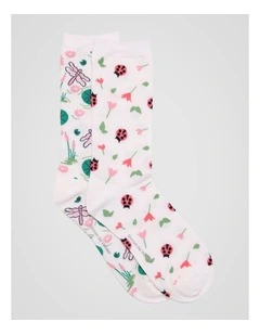 2 Pack Patterned Crew Socks in Ivory Insect Print
