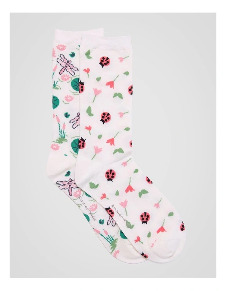 2 Pack Patterned Crew Socks in Ivory Insect Print image 1
