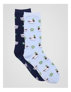 2 Pack Patterned Crew Socks in Light Blue and French Navy Duck Print