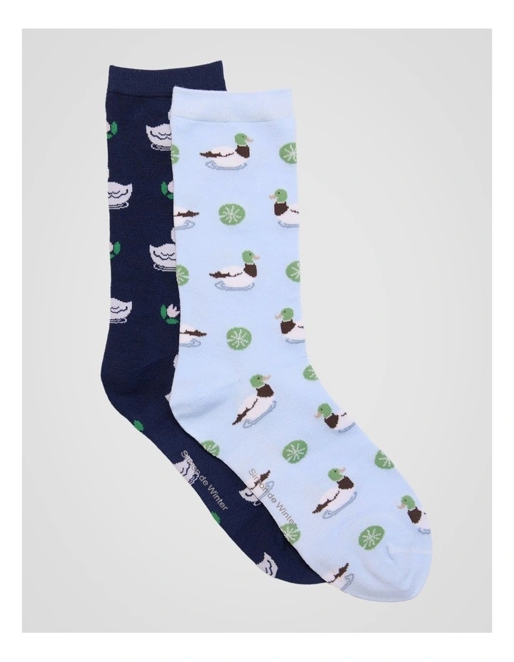 2 Pack Patterned Crew Socks in Light Blue and French Navy Duck Print image 1