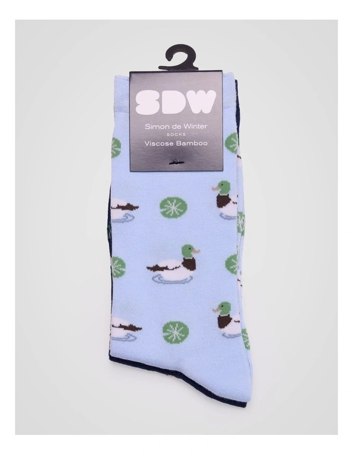 2 Pack Patterned Crew Socks in Light Blue and French Navy Duck Print image 2