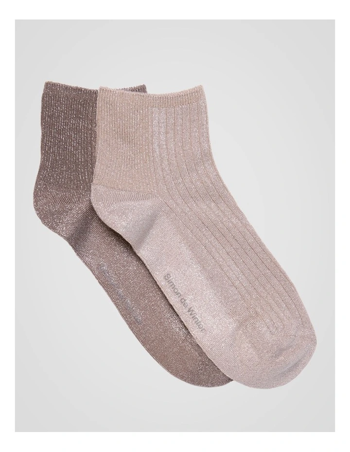 2 Pack Bamboo Metallic Rib Quarter Crew Socks in Stone and Taupe Grey image 1