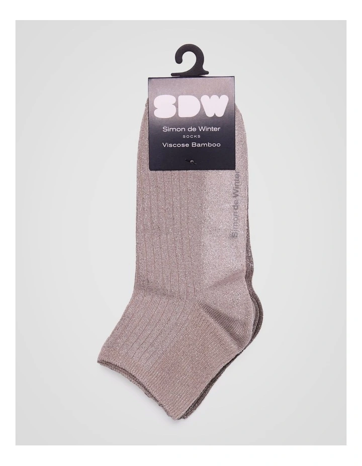 2 Pack Bamboo Metallic Rib Quarter Crew Socks in Stone and Taupe Grey image 2
