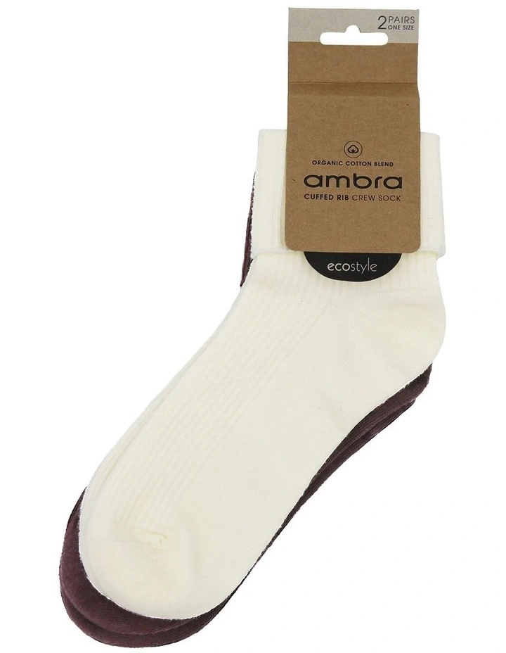 Organic Cotton Cuffed Rib Crew Socksn 2 Pack in Multi image 2