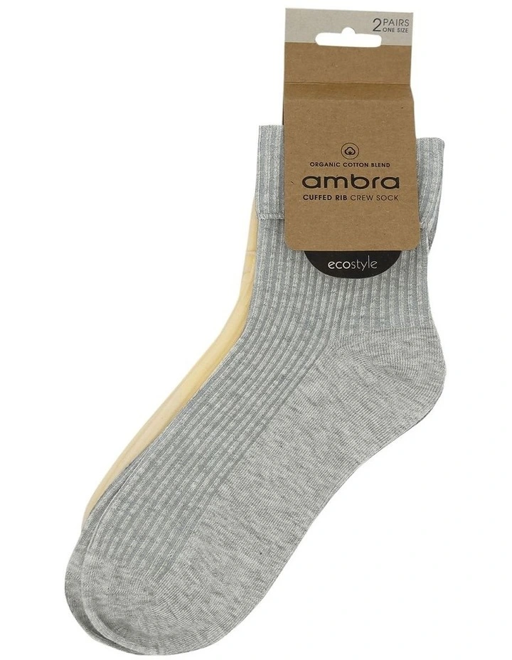 Organic Cotton Cuffed Rib Crew Socks 2 Pack in Multi image 2