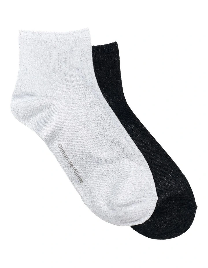 2 Pack Bamboo Metallic Rib Quarter Crew Socks in White/Black image 1