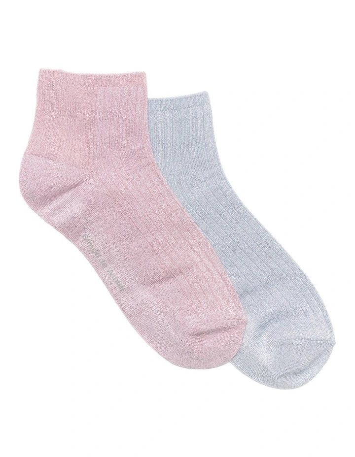 2 Pack Bamboo Metallic Rib Quarter Crew Socks in Rose/Blue image 1