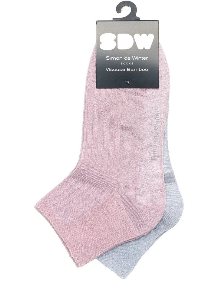 2 Pack Bamboo Metallic Rib Quarter Crew Socks in Rose/Blue image 2