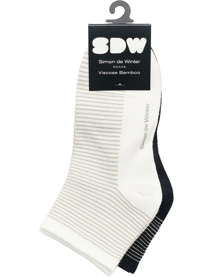 2 Pack Bamboo Metallic Rib Quarter Crew Socks in Ivory/Black image 2