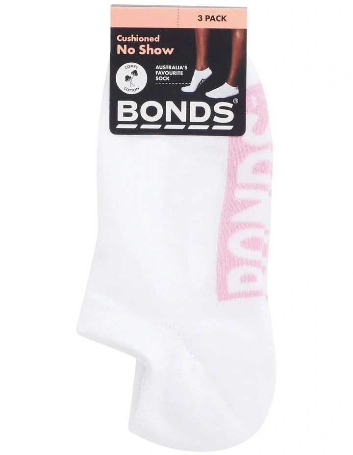 Logo Cushioned No Show Socks 3 Pack in White image 3