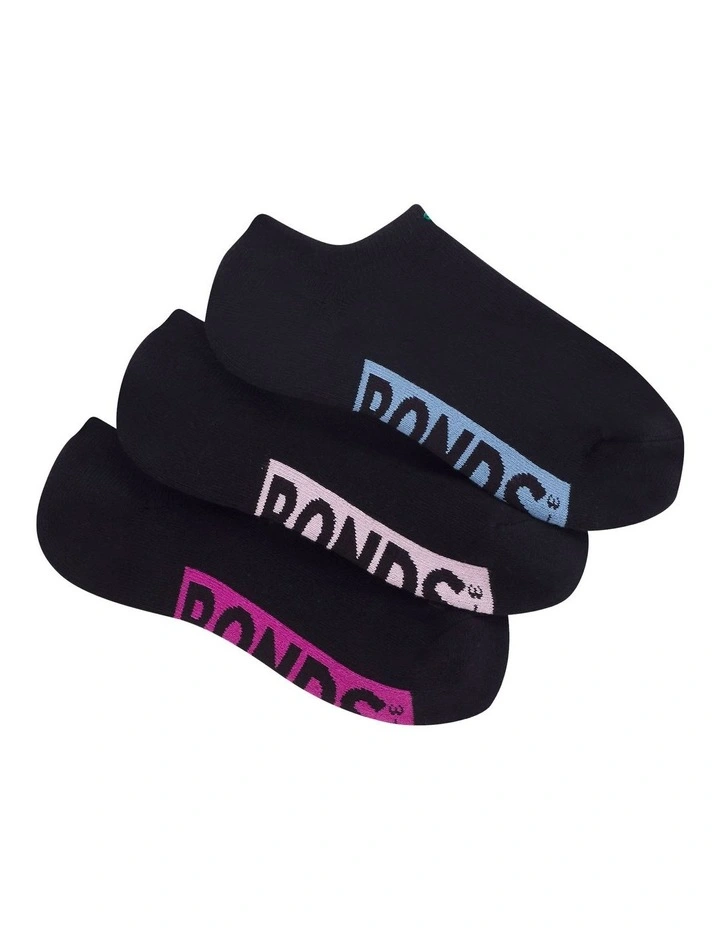 Logo Cushioned No Show Socks 3 Pack in Black image 2