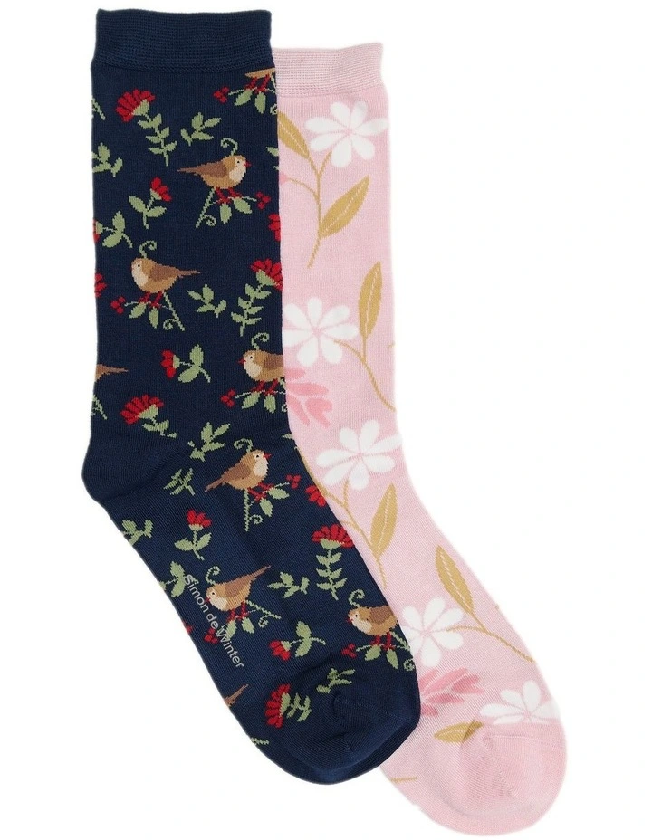 2 Pack Patterned Crew Socks in Navy/ Blush image 1