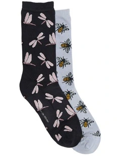 2 Pack Patterned Crew Socks in Iron/ Blue