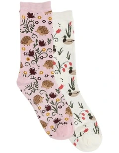 2 Pack Patterned Crew Socks in Blush/Ivory