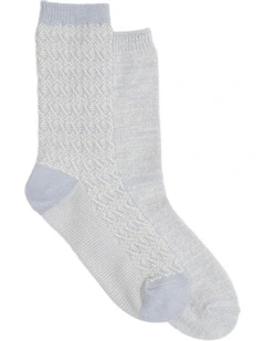 2 Pack Textured Crew Socks in Blue/Ivory