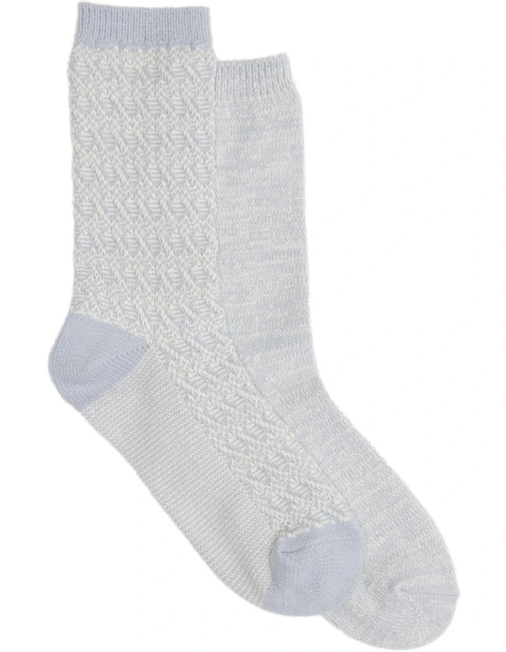 2 Pack Textured Crew Socks in Blue/Ivory image 1