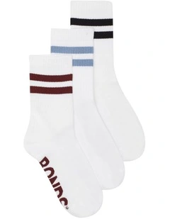 Logo Cushioned Stripe Crew Socks 3 Pack in White