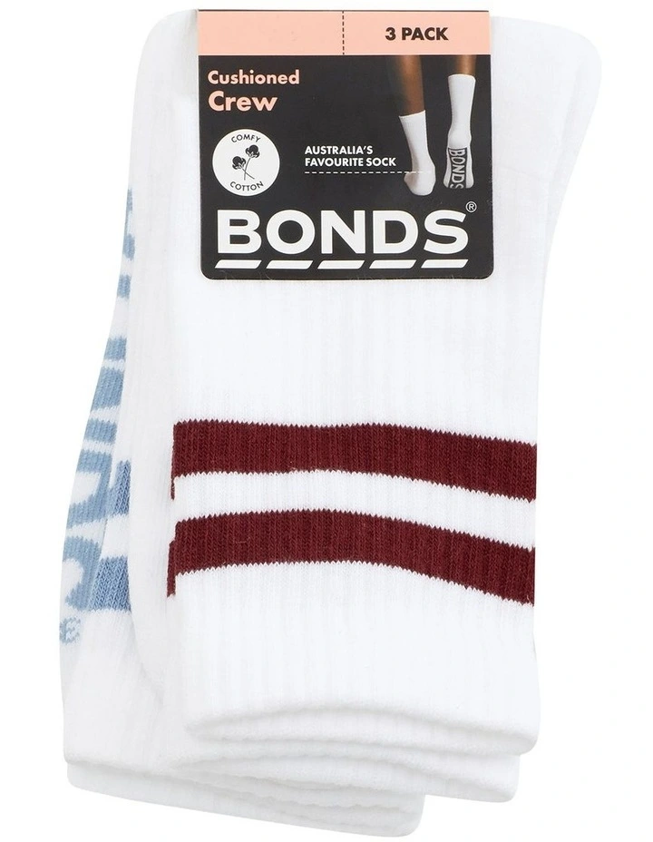 Logo Cushioned Stripe Crew Socks 3 Pack in White image 3