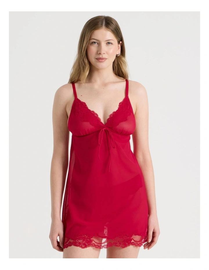 Delicate Lace Mesh & Lace Chemise in Red image 2
