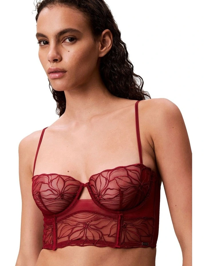 Black Floral Lace Unlined Balconette in Red image 2
