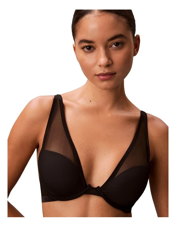 Minimalist Mesh Push Up Plunge Bra in Black image 1