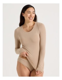 Thermal Scoop Long Sleeve Top in Beige