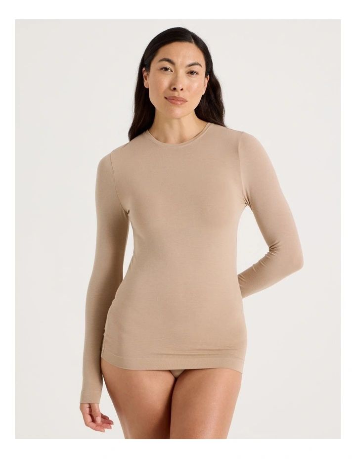 Thermal Crew Neck Long Sleeve Top in Beige image 1
