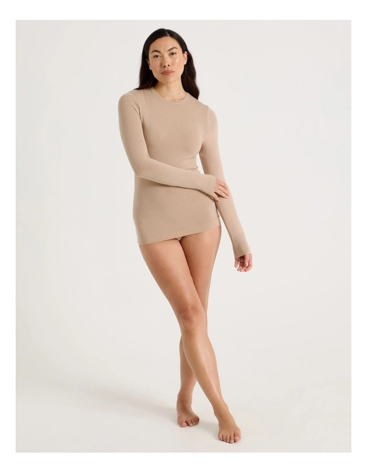 Thermal Crew Neck Long Sleeve Top in Beige image 2