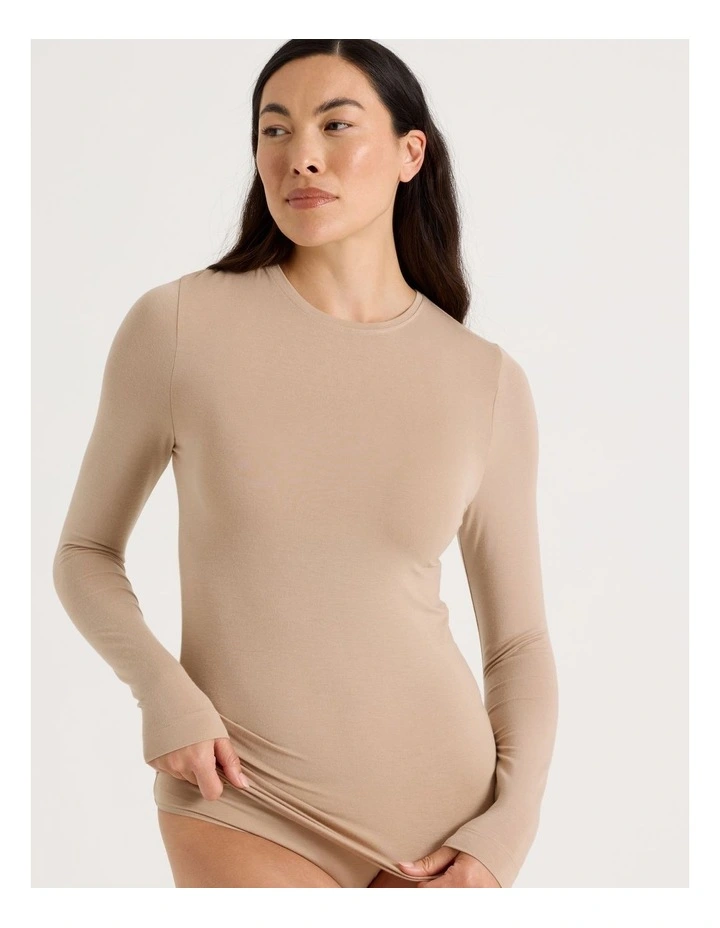 Thermal Crew Neck Long Sleeve Top in Beige image 4