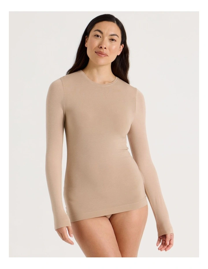 Thermal Crew Neck Long Sleeve Top in Beige image 5