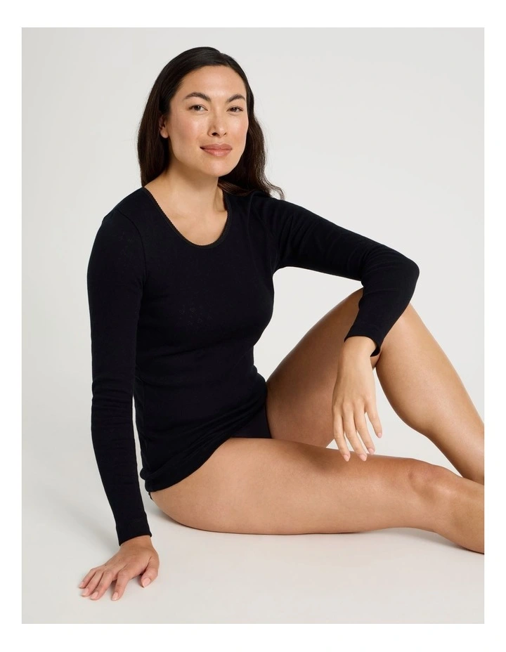 Body Layer Pointelle Thermal Long Sleeve Top in Black image 1