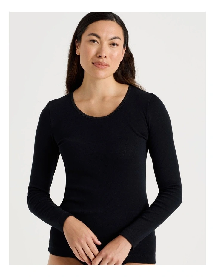 Body Layer Pointelle Thermal Long Sleeve Top in Black image 2