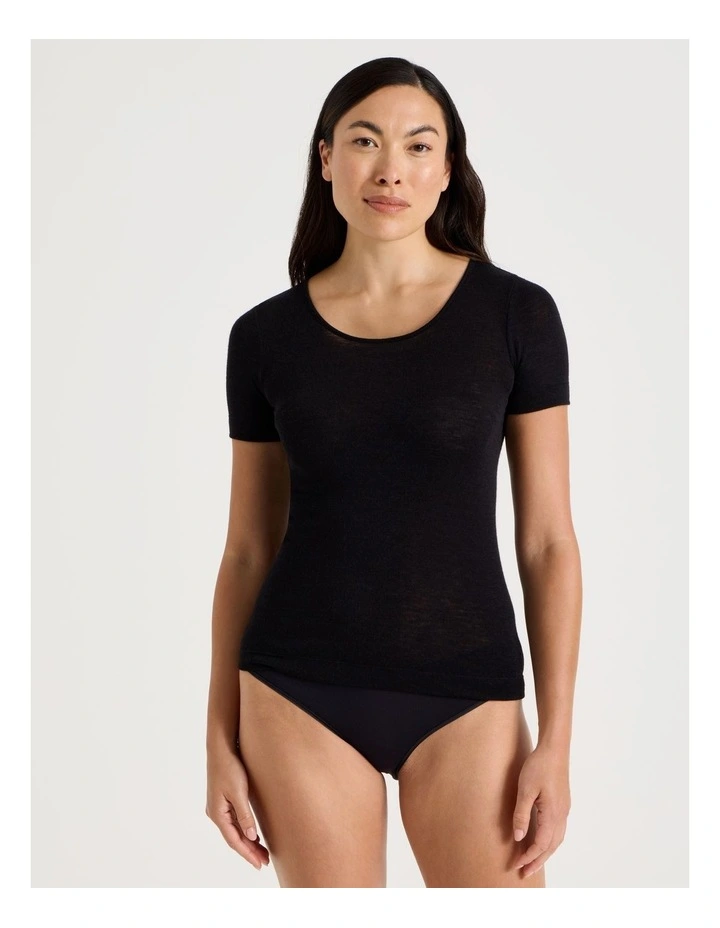 Soho Body Layer Wool Bamboo Thermal S/S Top  USOW26034B in Black image 1