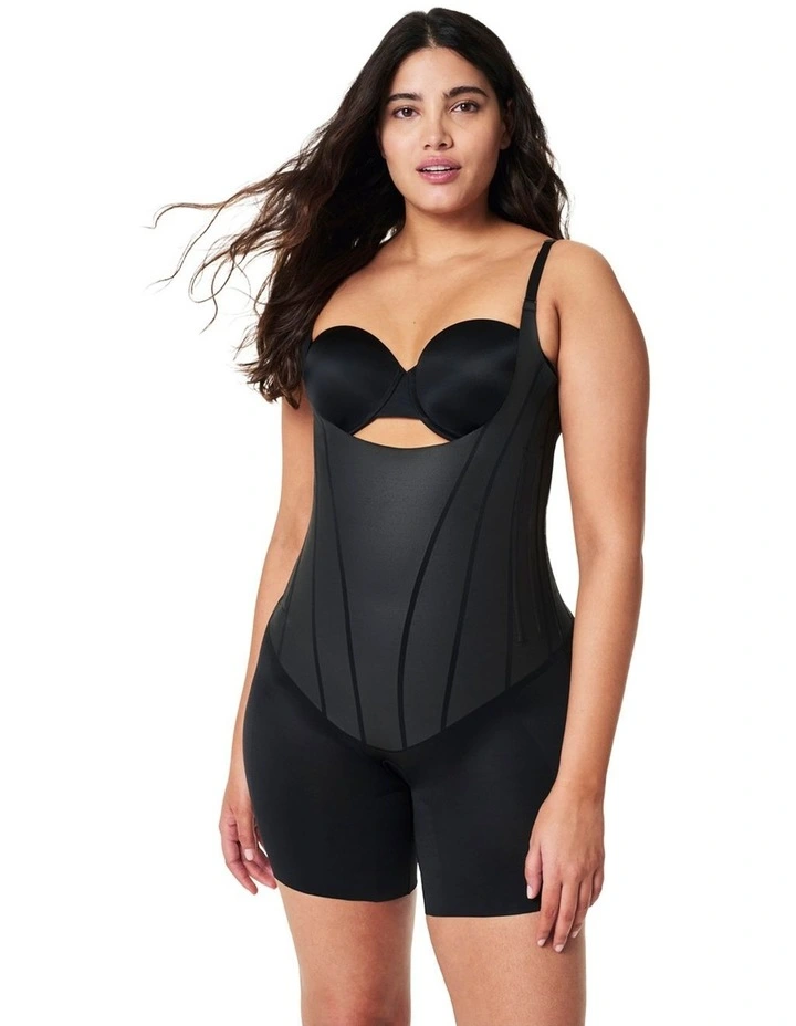 Total Contour Open Bust Mid Thigh Bodysuit in Black image 1