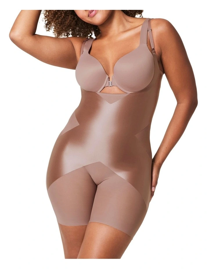 Shape Satin X-Open Bust Mid Thigh Bodysuit in Cafe Au Lait image 1