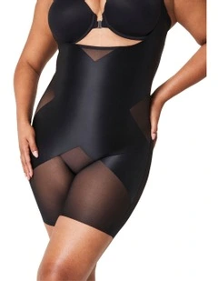 Shape Satin X-Open Bust Mid Thigh Bodysuit in Very Black