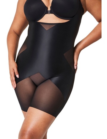 Spanx Shape Satin X-Open Bust Mid Thigh Bodysuit in Very Black | MYER