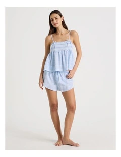 Dreamy Haze Woven Shirred Cami Boxer Set in Blue Gingham