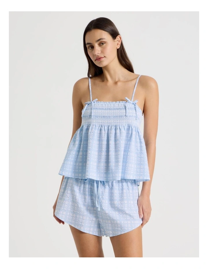 Dreamy Haze Woven Shirred Cami Boxer Set in Blue Gingham image 2