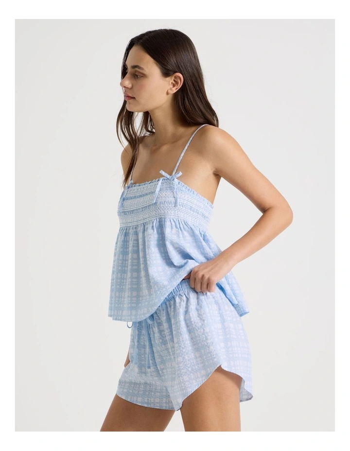 Dreamy Haze Woven Shirred Cami Boxer Set in Blue Gingham image 3