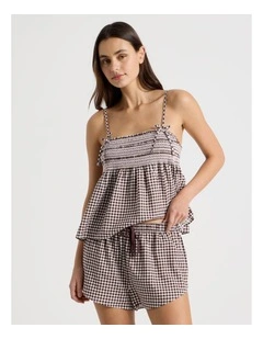 Dreamy Haze Woven Shirred Cami Boxer Set in Choc Gingham