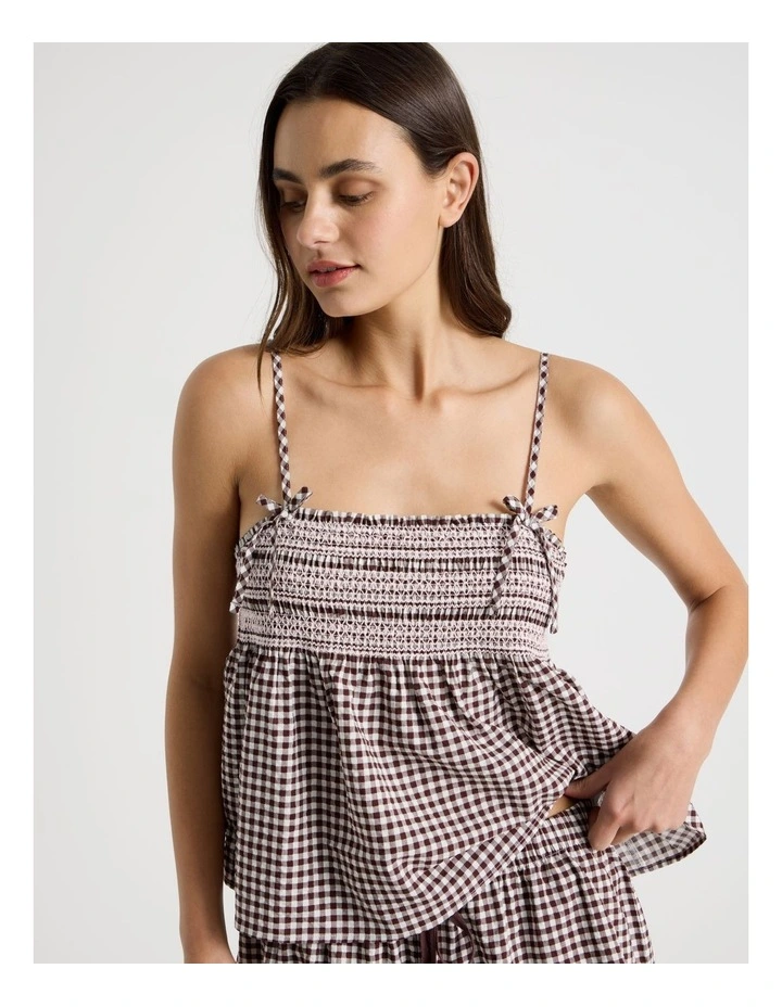 Dreamy Haze Woven Shirred Cami Boxer Set in Choc Gingham image 6